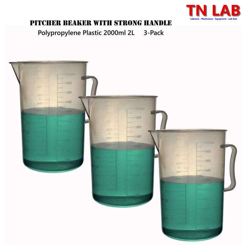TN LAB Supply Pitcher Beaker 2000ml 2L Lab Quality Polypropylene with Handle 3-Pack