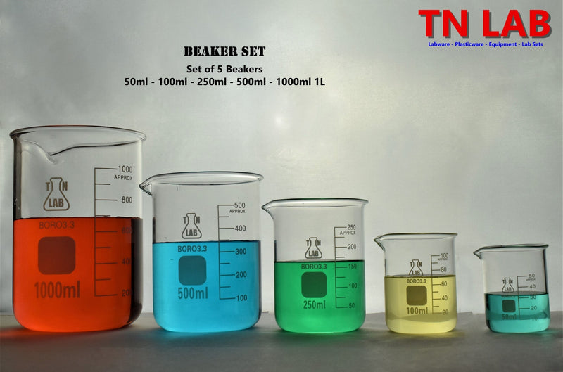TN LAB Supply Beaker Set Borosilicate 3.3 Glass Set of 5 Beakers