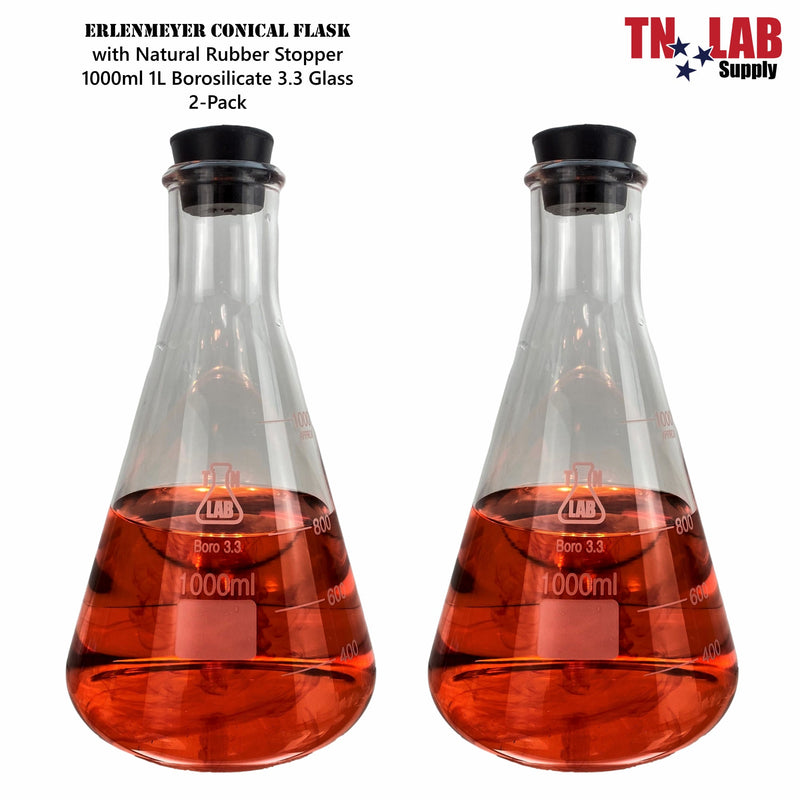 Erlenmeyer Flask Borosilicate 3.3 Glass 1000ml 1L w-Rubber Stopper