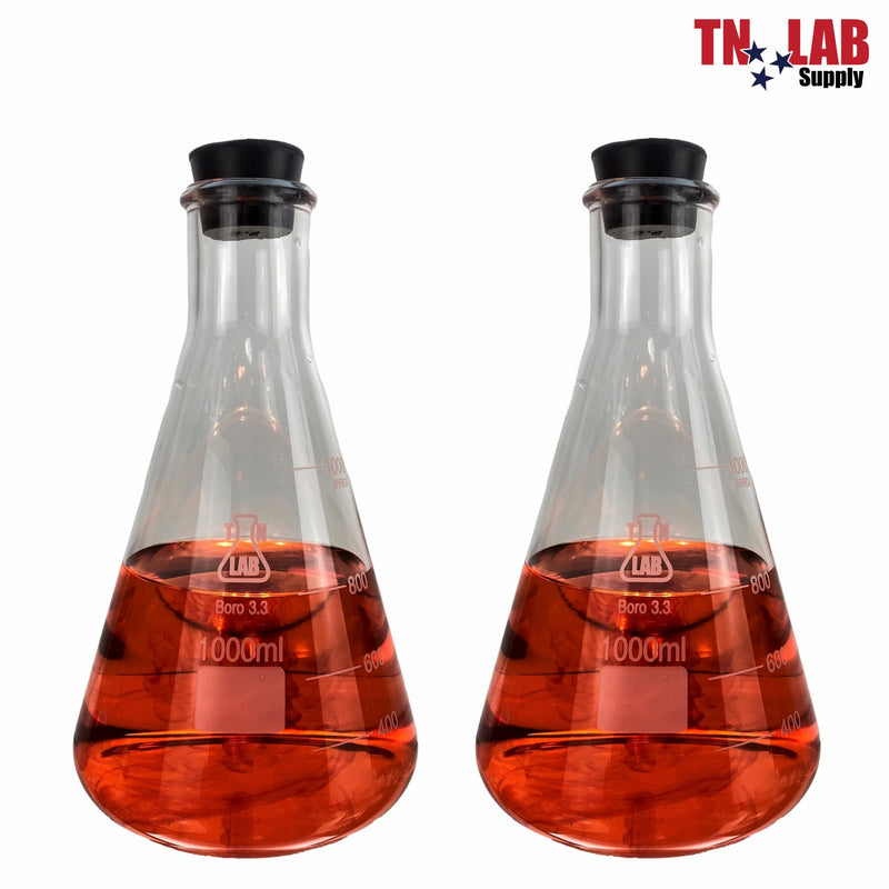 Erlenmeyer Flask Borosilicate 3.3 Glass 1000ml 1L w-Rubber Stopper