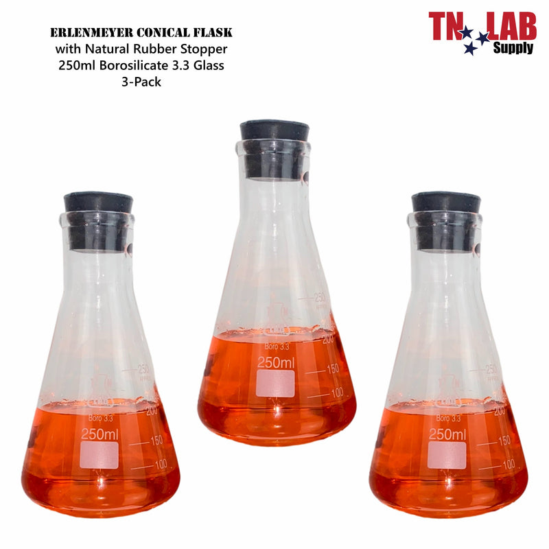 Erlenmeyer Flask Borosilicate 3.3 Glass 250ml w-Rubber Stopper