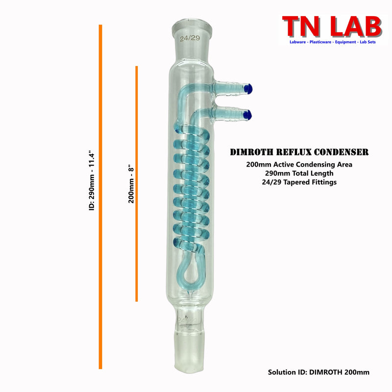 TN LAB Supply 200mm Dimroth Reflux Condenser Borosilicate 3.3 Glass Dimensions