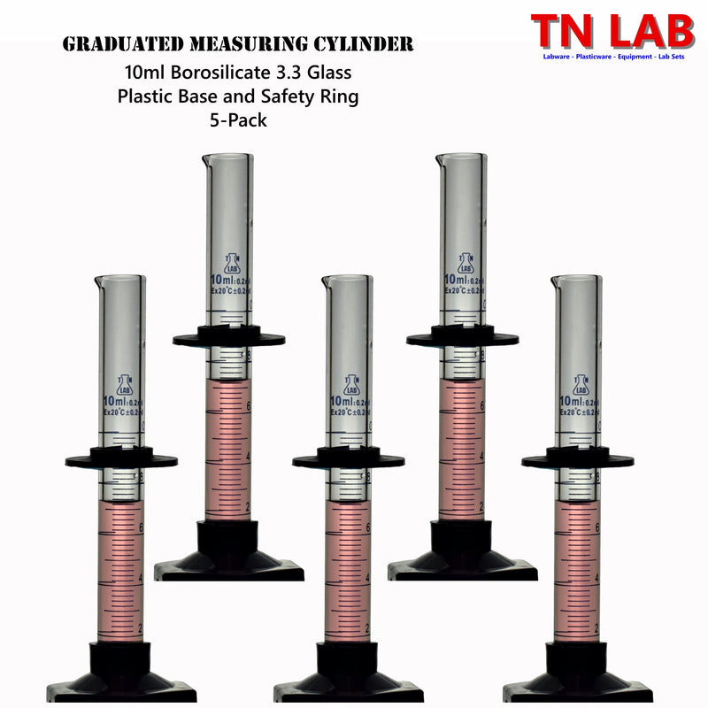 TN LAB Supply 10ml Graduated Measuring Cylinder Borosilicate 3.3 Glass 5-Pack