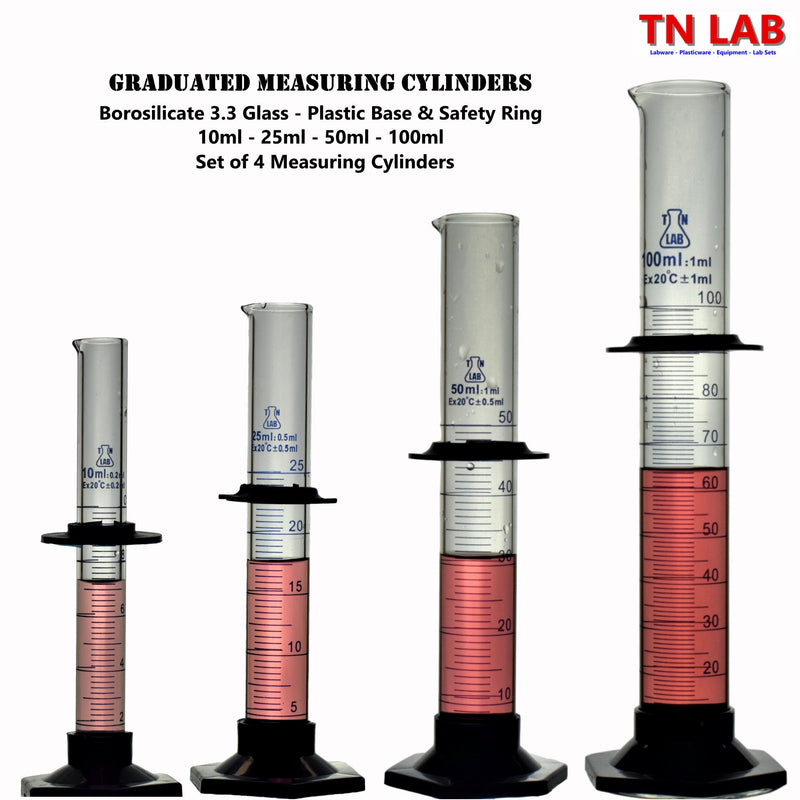TN LAB Supply Graduated Measuring Cylinder Set of 4 Sizes 10ml - 25ml - 50ml - 100ml