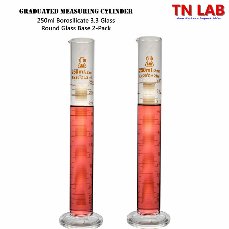TN LAB Supply 250ml Graduated Measuring Cylinder Borosilicate 3.3 Glass Base 2-Pack