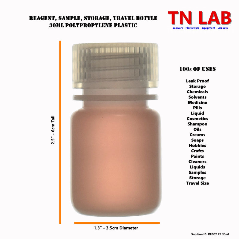 TN LAB Supply 30ml Reagent Storage Bottle Polypropylene with Cap Dimensions REBOT PP 30ml