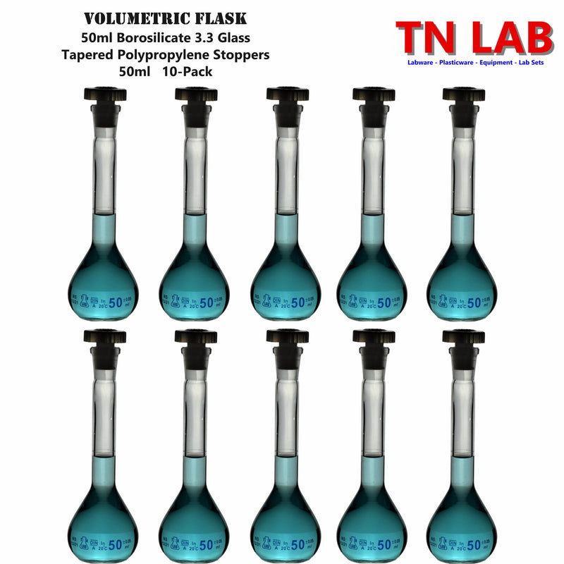 TN LAB Supply 50ml Volumetric Flask Class A Borosilicate 3.3 Glass 10-Pack