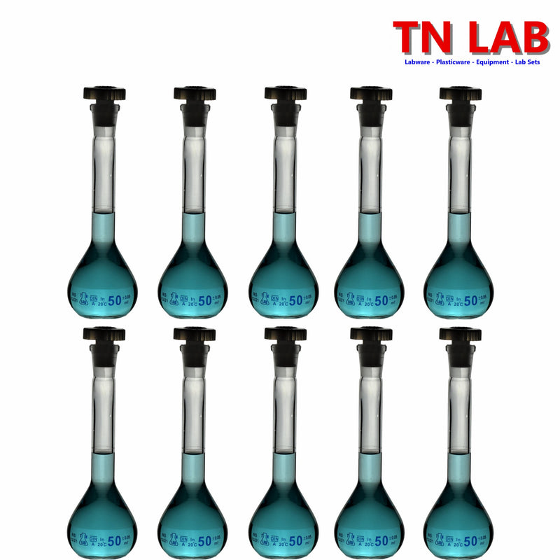 TN LAB Supply 50ml Volumetric Flask Class A Borosilicate 3.3 Glass 10-Pack