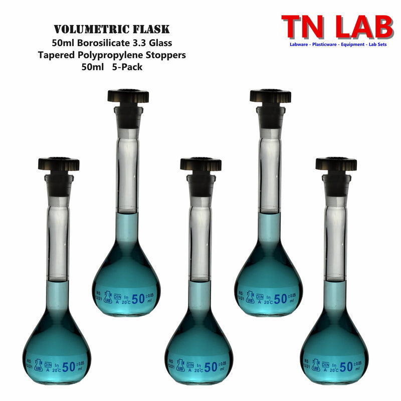 TN LAB Supply 50ml Volumetric Flask Class A Borosilicate 3.3 Glass 5-Pack