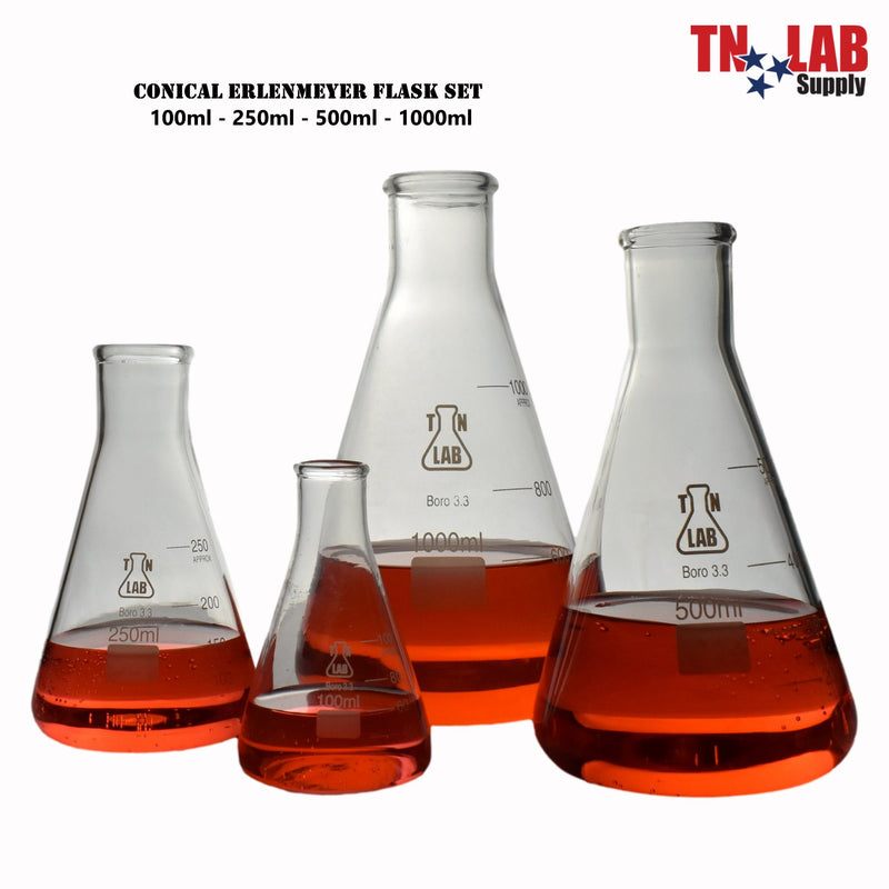 Erlenmeyer Flask Borosilicate Glass Conical Flask 4-Piece SET (100-250-500-1000 ml)