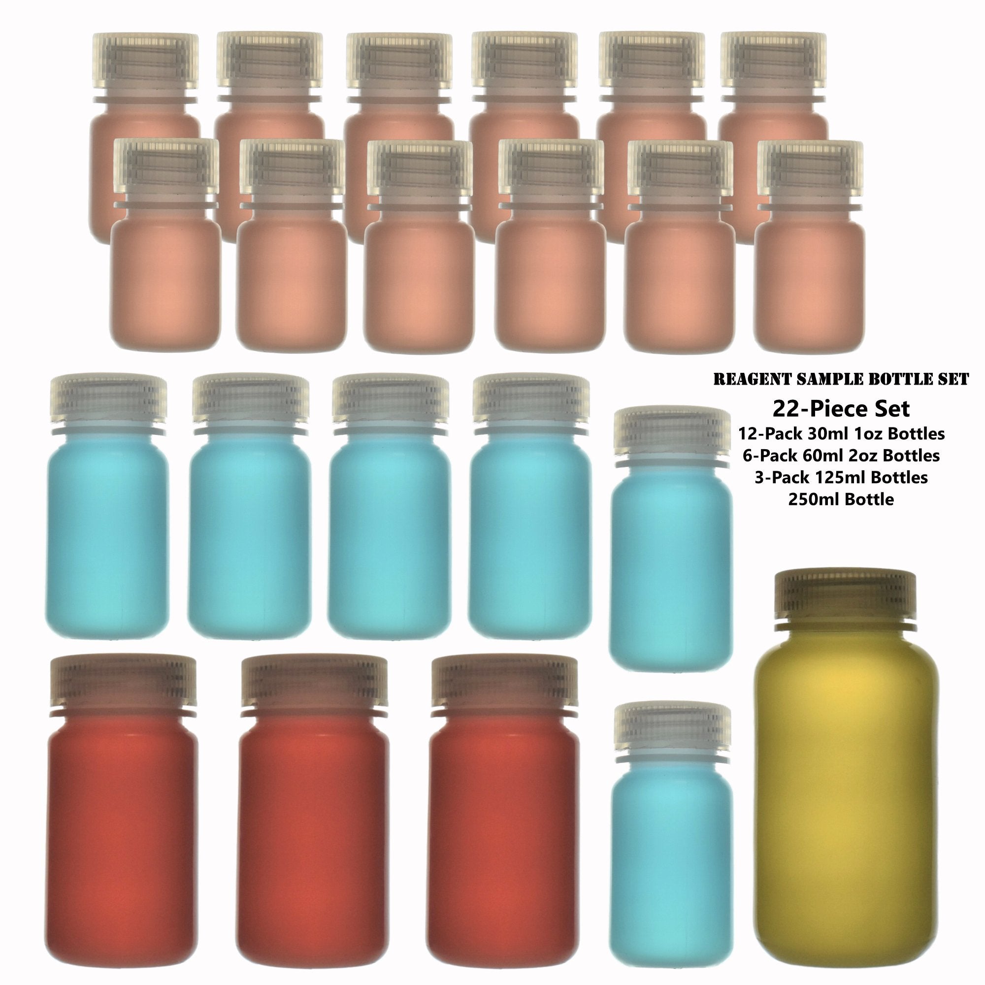 Reagent Sample Bottle SET of 4 Sizes with 22 Bottles 30-60-125-250ml Sizes