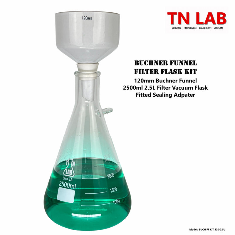 TN LAB Buchner Funnel Filter Vacuum Flask Kit 120mm Buchner Funnel and 2500ml Filter Flask 2.5 Liters Heavy-Wall Borosilicate 3.3 Glass