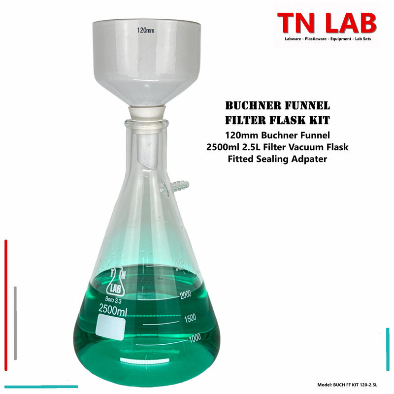 TN LAB Buchner Funnel Filter Vacuum Flask Kit 120mm Buchner Funnel and 2500ml Filter Flask 2.5 Liters Heavy-Wall Borosilicate 3.3 Glass