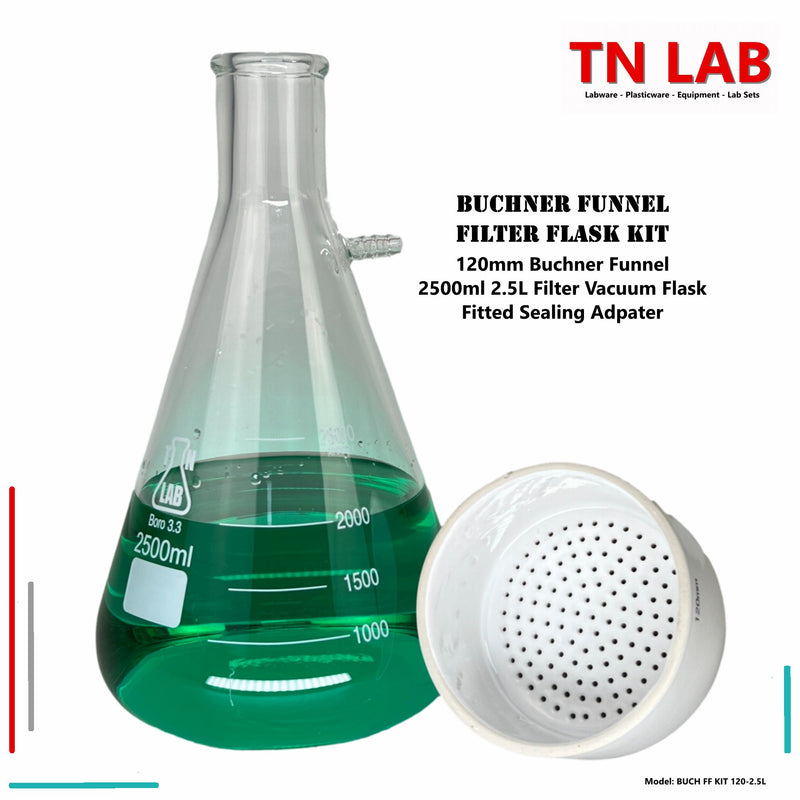 TN LAB Buchner Funnel Filter Vacuum Flask Kit 120mm Buchner Funnel and 2500ml Filter Flask 2.5 Liters Heavy-Wall Borosilicate 3.3 Glass Parts