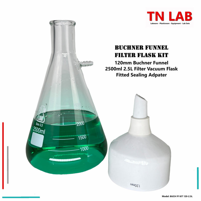 TN LAB Buchner Funnel Filter Vacuum Flask Kit 120mm Buchner Funnel and 2500ml Filter Flask 2.5 Liters Heavy-Wall Borosilicate 3.3 Glass Parts