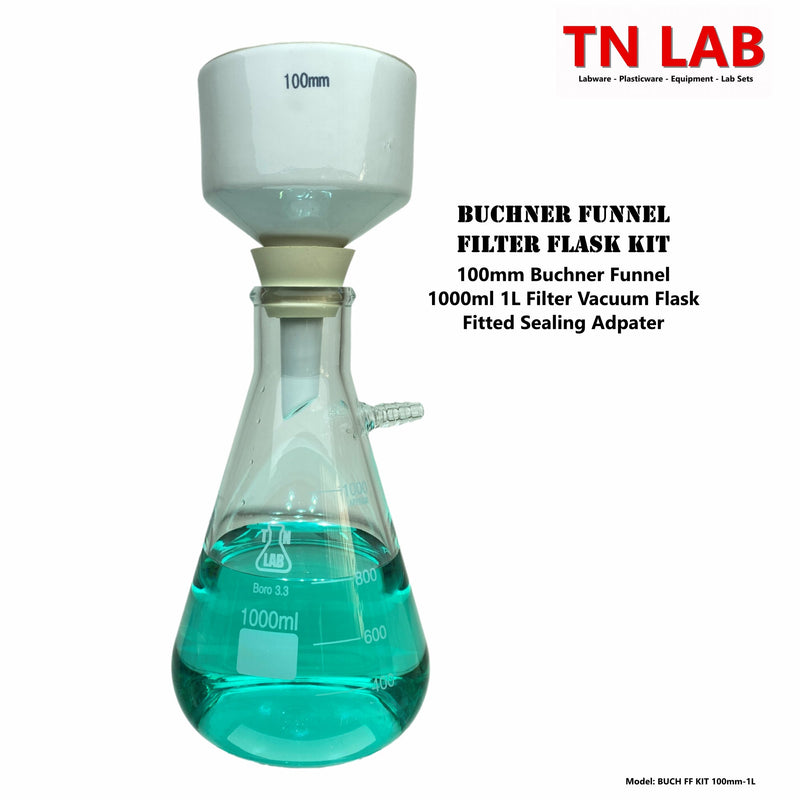 TN LAB Supply Buchner Funnel Kit 1000ml 1L Filter Flask Vacuum Flask 100mm Buchner Funnel of Porcelain Ceramic