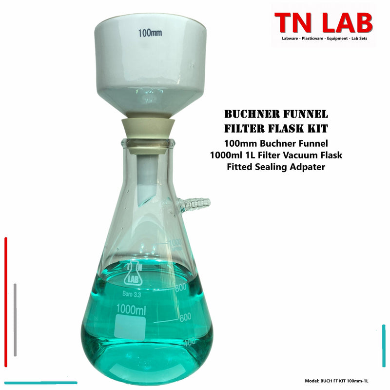 TN LAB Supply Buchner Funnel Kit 1000ml 1L Filter Flask Vacuum Flask 100mm Buchner Funnel of Porcelain Ceramic