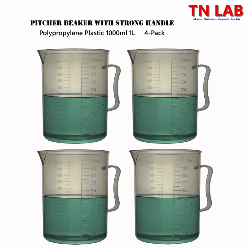 TN LAB Supply Pitcher Beaker 1000ml 1L Lab Quality Polypropylene with Handle 4-Pack