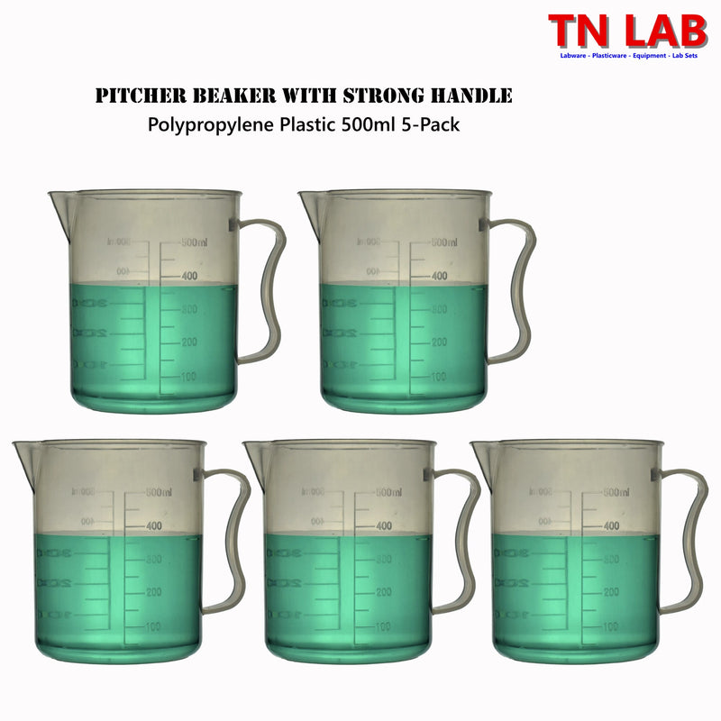 TN LAB Supply Pitcher Beaker 500ml Lab Quality Polypropylene with Handle 5-Pack