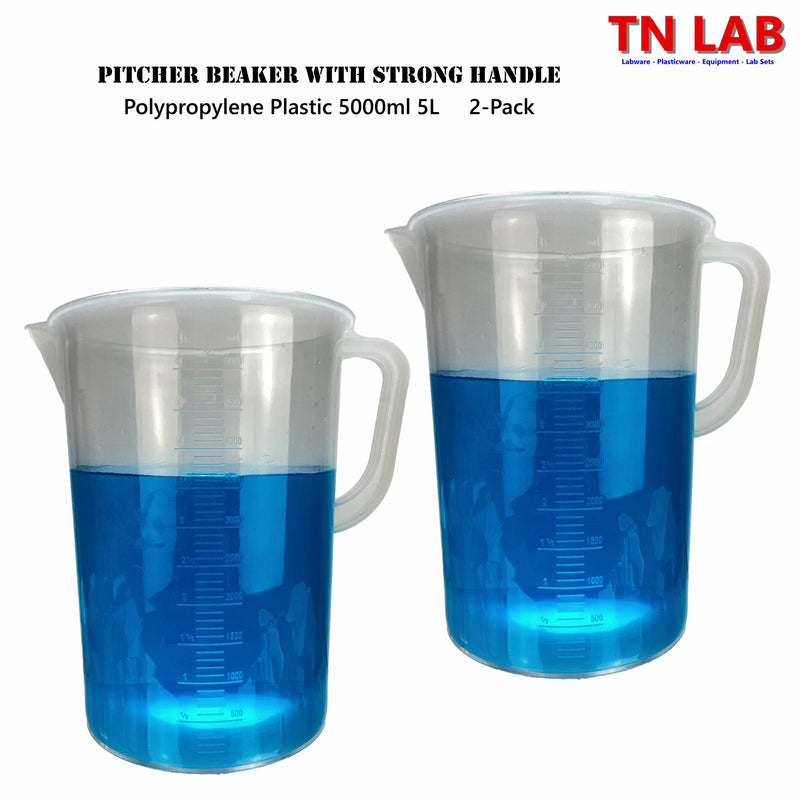 TN LAB Supply Pitcher Beaker 5000ml 5L Lab-Quality Polypropylene with Handle 2-Pack