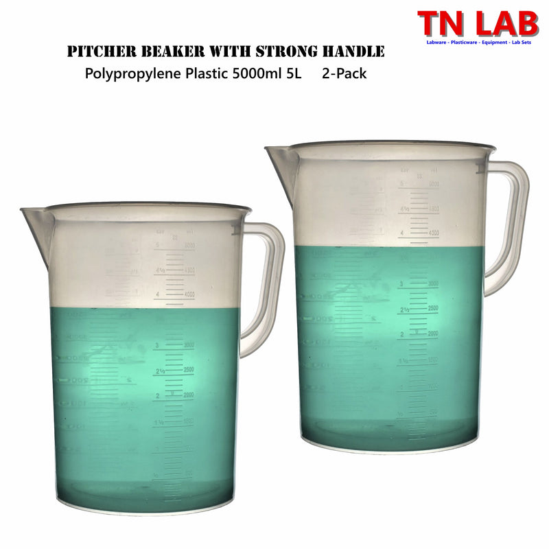 TN LAB Supply Pitcher Beaker 5000ml 5L Lab Quality Polypropylene with Ultra Strong Handle 2-Pack