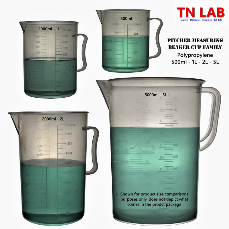 TN LAB Supply Pitcher Beaker Family 500ml-1000ml-1L-2000ml-2L-5000ml-5L Lab-Quality Polypropylene with Handle