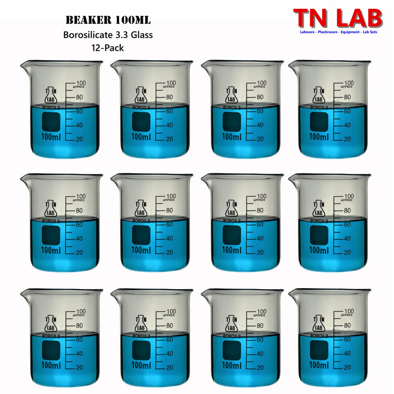 TN LAB Beaker 100ml Borosilicate 3.3 Glass 12-Pack