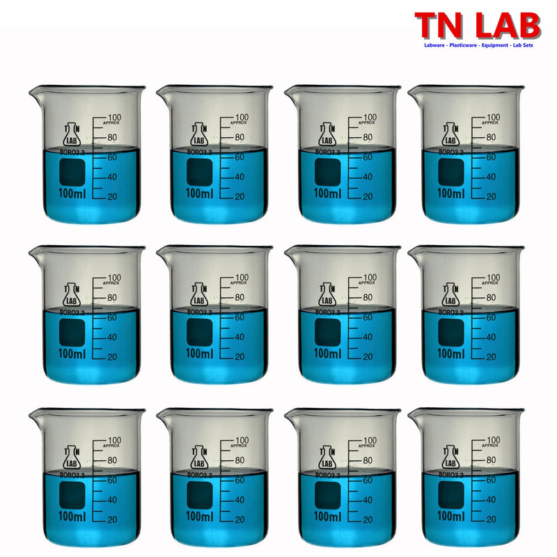 TN LAB Beaker 100ml Borosilicate 3.3 Glass 12-Pack