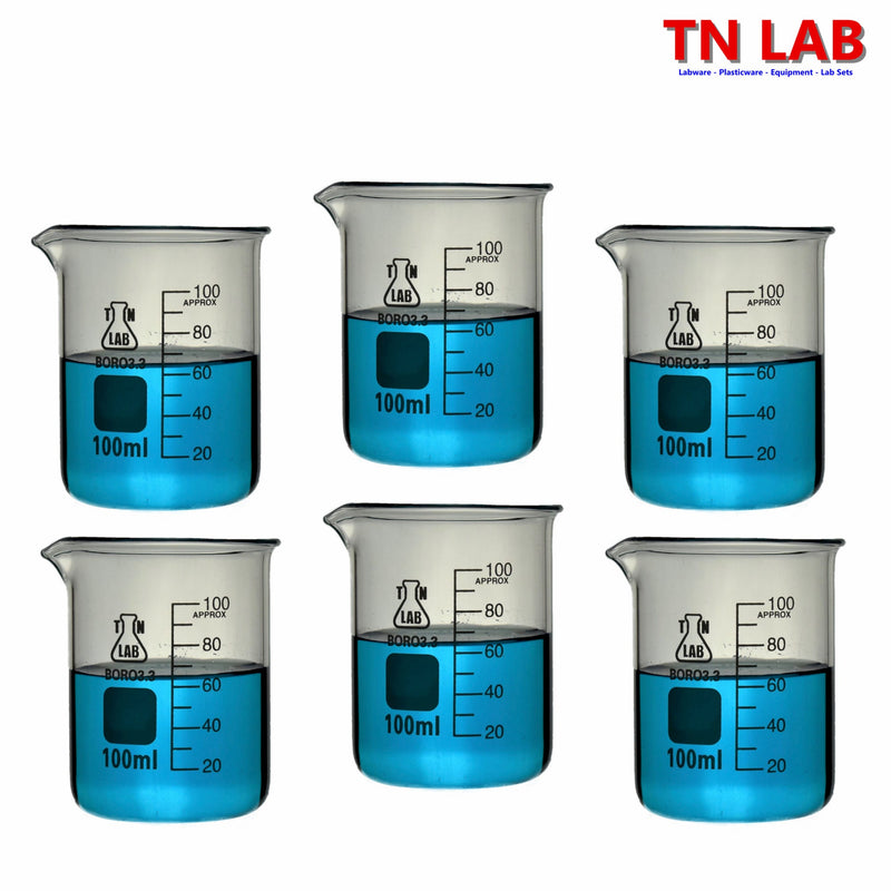TN LAB Beaker 100ml Borosilicate 3.3 Glass 6-Pack