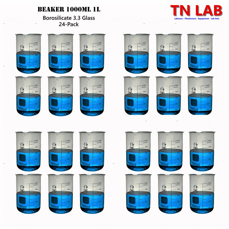 TN LAB Beaker 1000ml 1L Borosilicate 3.3 Glass 24-Pack