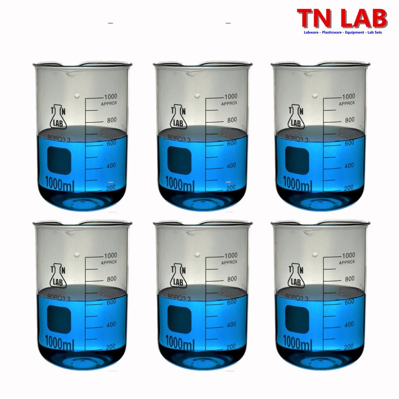 TN LAB Beaker 1000ml 1L Borosilicate 3.3 Glass 6-Pack