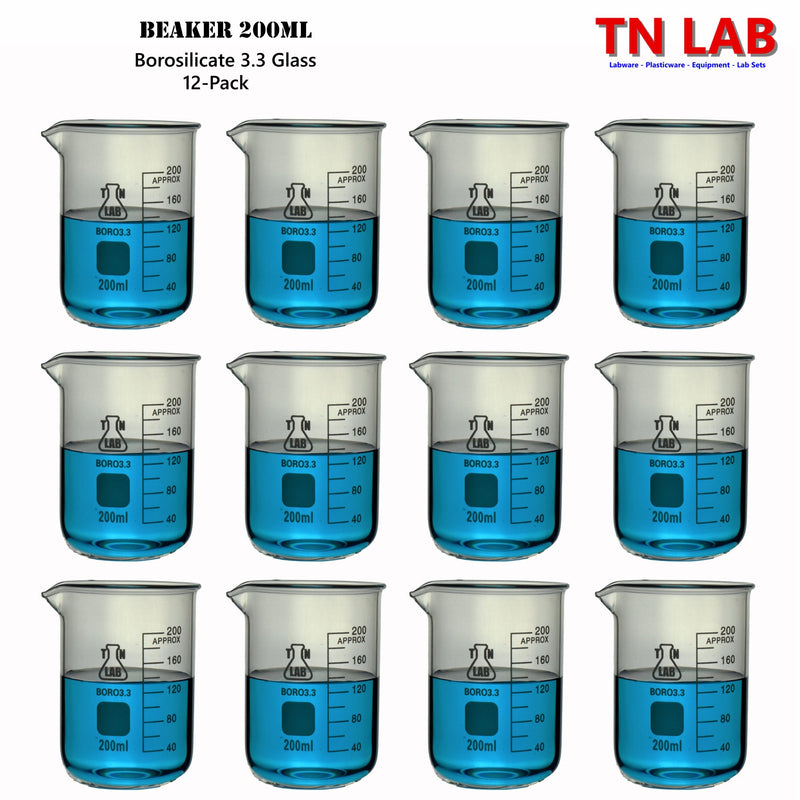 TN LAB Beaker 200ml Borosilicate 3.3 Glass 12-Pack