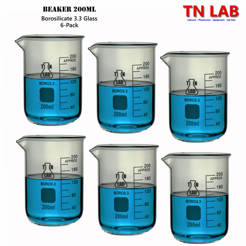 TN LAB Beaker 200ml Borosilicate 3.3 Glass 6-Pack