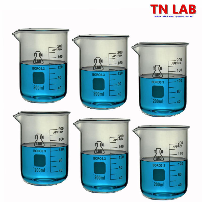 TN LAB Beaker 200ml Borosilicate 3.3 Glass 6-Pack