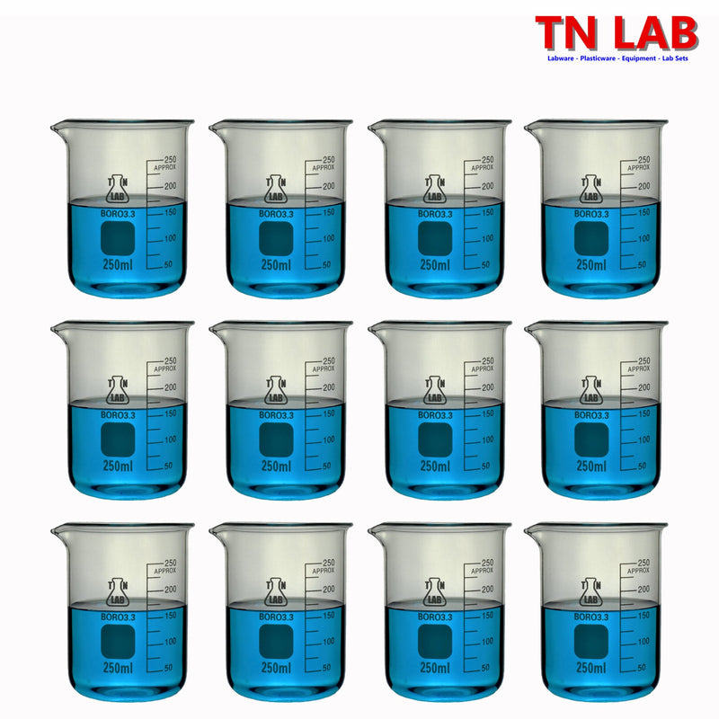 TN LAB Beaker 250ml Borosilicate 3.3 Glass 12-Pack
