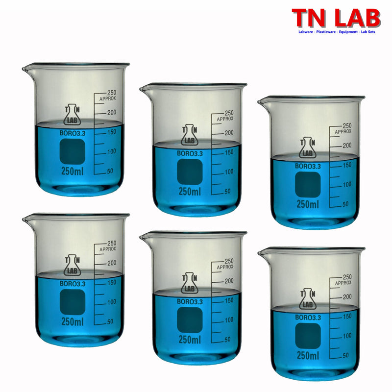 TN LAB Beaker 250ml Borosilicate 3.3 Glass 6-Pack