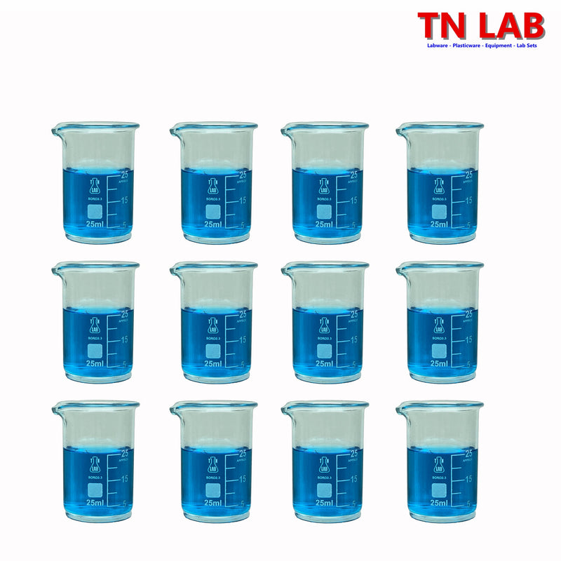 TN LAB Beaker 25ml Borosilicate 3.3 Glass 12-Pack