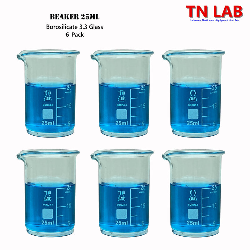 TN LAB Beaker 25ml Borosilicate 3.3 Glass 6-Pack