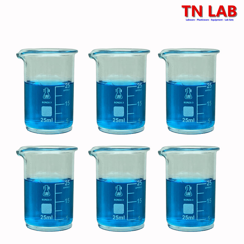 TN LAB Beaker 25ml Borosilicate 3.3 Glass 6-Pack