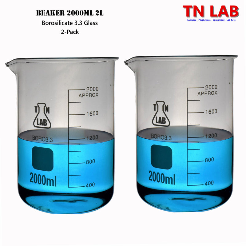 TN LAB Beaker 2000ml 2L Borosilicate 3.3 Glass 2-Pack