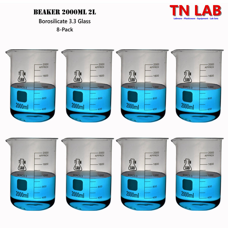 TN LAB Beaker 2000ml 2L Borosilicate 3.3 Glass 8-Pack