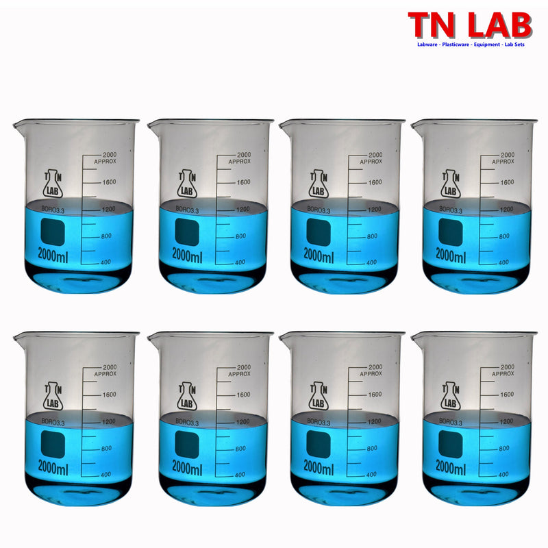 TN LAB Beaker 2000ml 2L Borosilicate 3.3 Glass 8-Pack