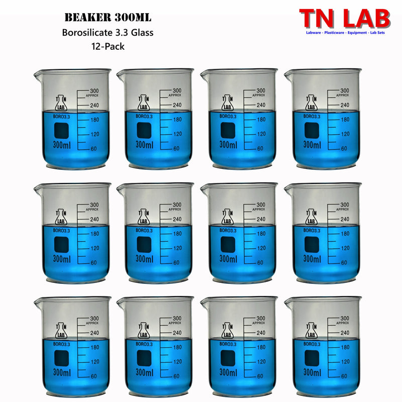 TN LAB Beaker 300ml Borosilicate 3.3 Glass 12-Pack
