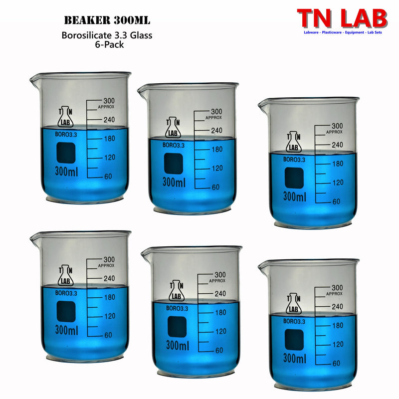 TN LAB Beaker 300ml Borosilicate 3.3 Glass 6-Pack