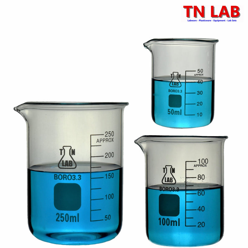TN LAB Supply Beaker Set of 3 50ml - 100ml - 250ml Borosilicate 3.3 Glass Set of 3 Beakers