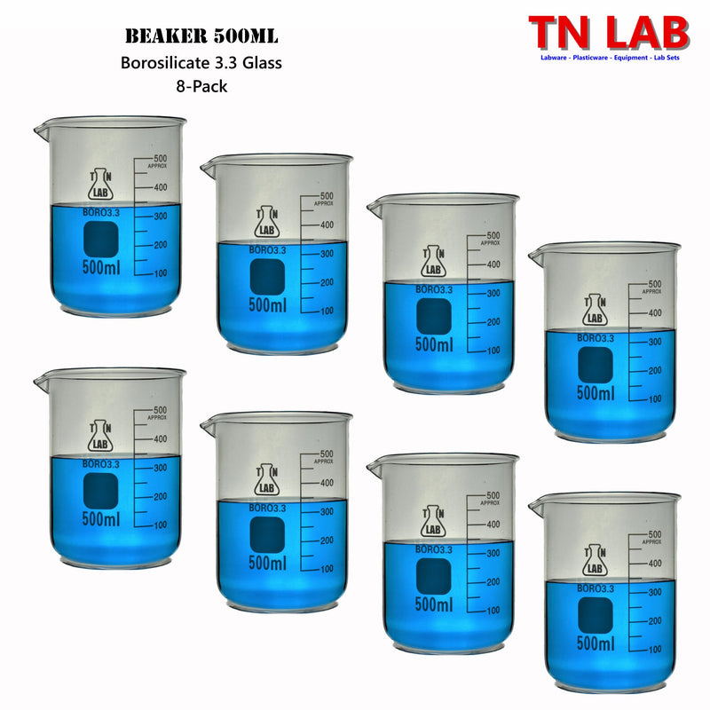 TN LAB 500ml Beaker Borosilicate 3.3 Glass 8-Pack
