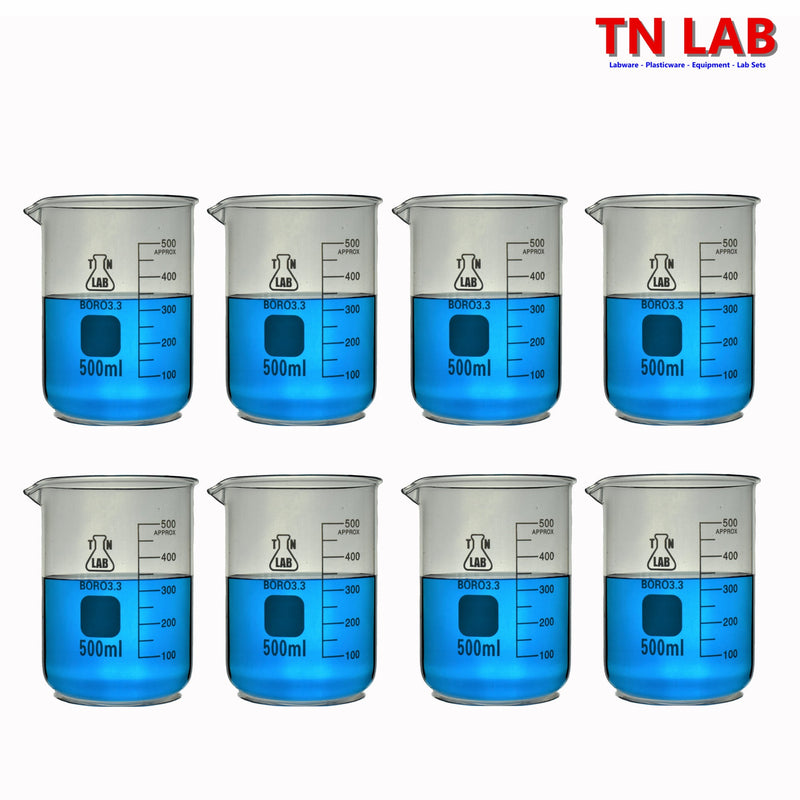 TN LAB 500ml Beaker Borosilicate 3.3 Glass 8-Pack
