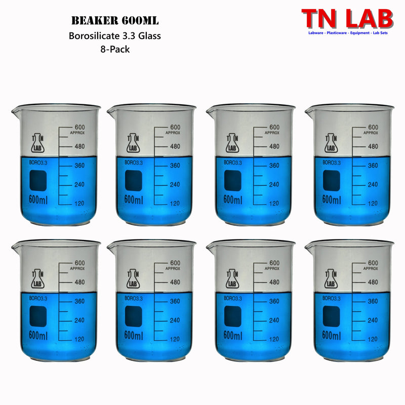 TN LAB Beaker 600ml Borosilicate 3.3 Glass 8-Pack