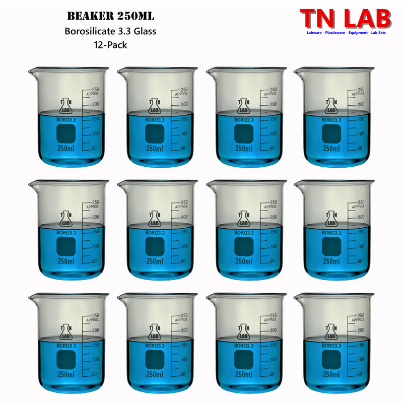 TN LAB Supply Beaker Borosilicate 3.3 Glass 250ml with graduations 12-Pack