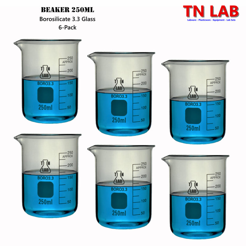 TN LAB Supply Beaker Borosilicate 3.3 Glass 250ml with graduations 6-Pack